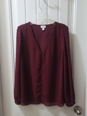 J. Crew Burgundy Swiss Dot V-Neck Blouse Size Small
